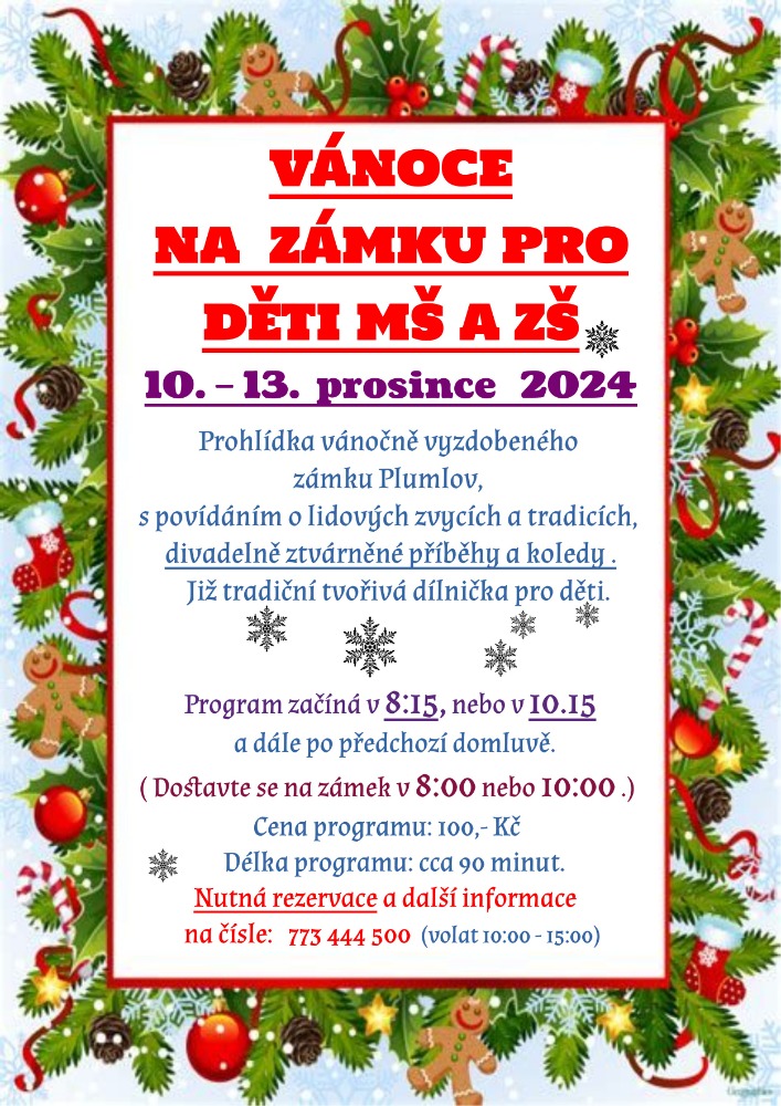 10.-13.12.2024 – Vánoce na zámku pro děti MŠ a ZŠ